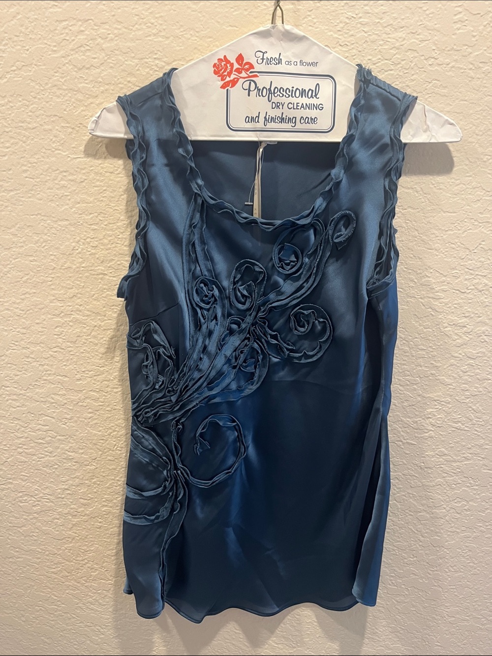 Kenar Teal-Blue Satin Floral Appliqué Shell